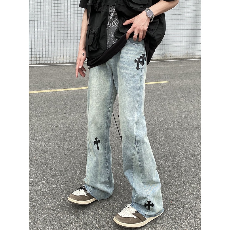 Quần Jeans nam ống rộng họa tiết thánh giá, Quần bò nam phong cách Streetwear