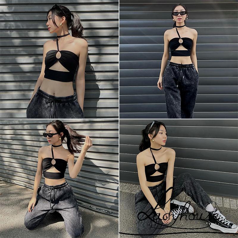 Áo hai dây Hở Rốn Cổ Thuyền Màu Trơn Thời Trang Dành Cho Nữ