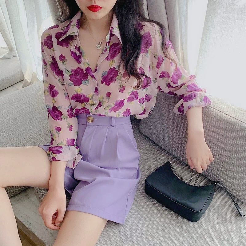 Áo Sơ Mi chiffon Tay Dài Họa Tiết Hoa Hồng Vàng Thời Trang Phong Cách retro Cho Nữ