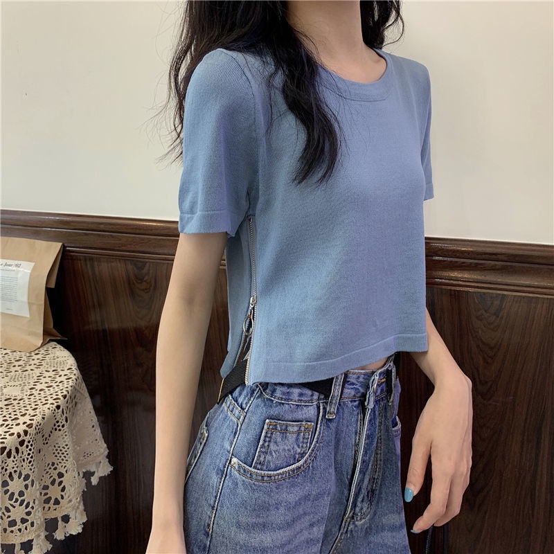 AMOI Áo Thun Cotton Tay Ngắn Có Khóa Kéo Thời Trang Cho Nữ