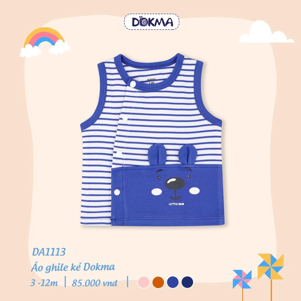 Áo gile Cotton dày Dokma 1 lớp họa tiết kẻ phối tai thú cho bé 3-12 tháng
