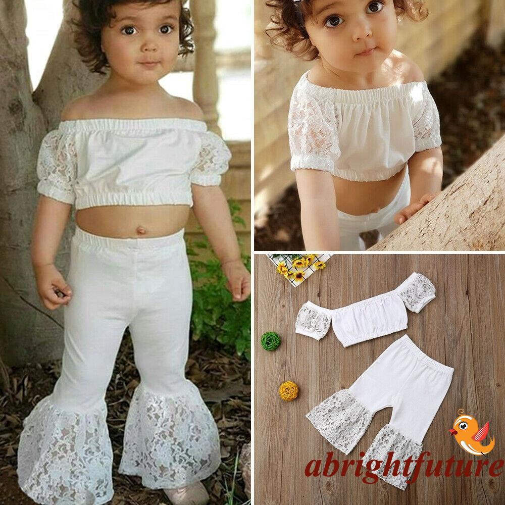 Set áo trễ vai phối ren + quần ống loe thời trang cho bé gái