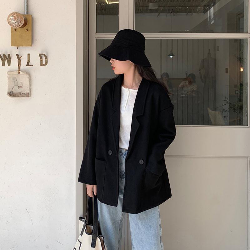 Áo khoác blazer màu trơn dáng rộng phong cách Hàn Quốc cổ điển có hai hàng nút cho nữ