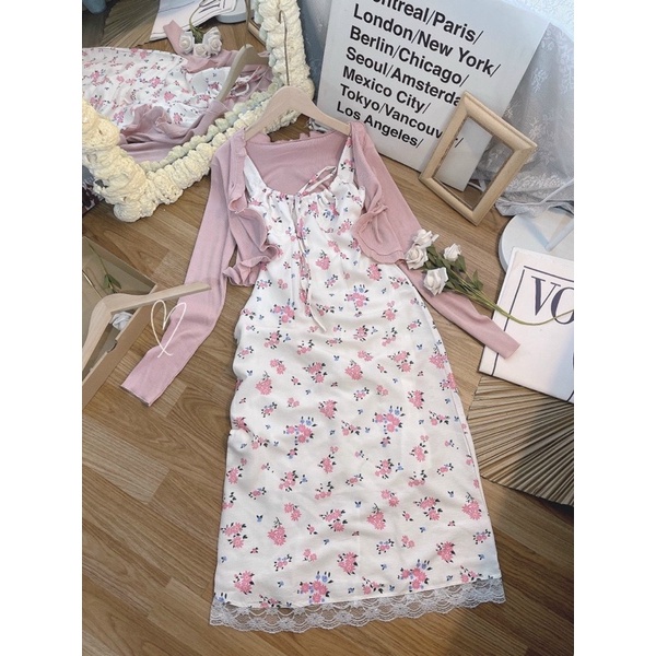 Set váy hoa midi kèm áo khoác tay dài