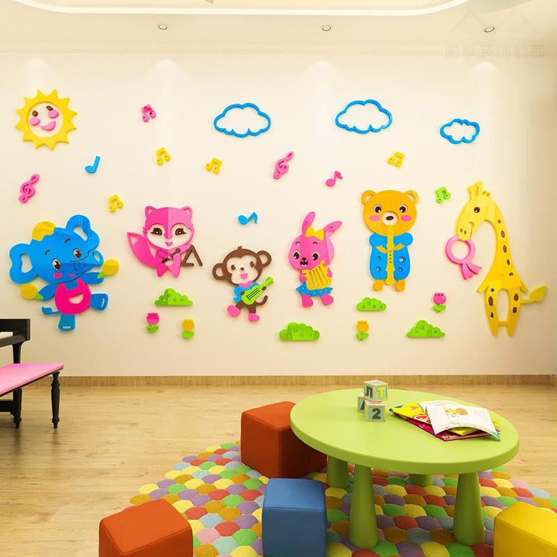 Tranh mica dán tường cho bé 3d, Tranh mica 3D - Ban nhạc động vật, trang trí mầm non, trang trí khu vui chơi trẻ em