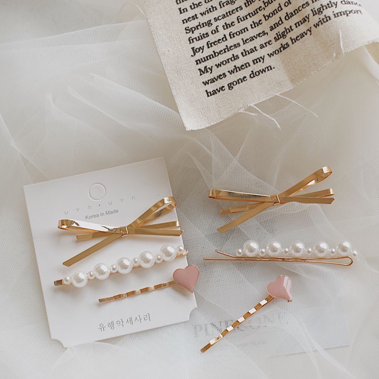 Kẹp Tóc Ba Món Đính Nơ Ngọc Trai Hình Trái Tim Phong Cách Hàn Quốc Cho Nữ