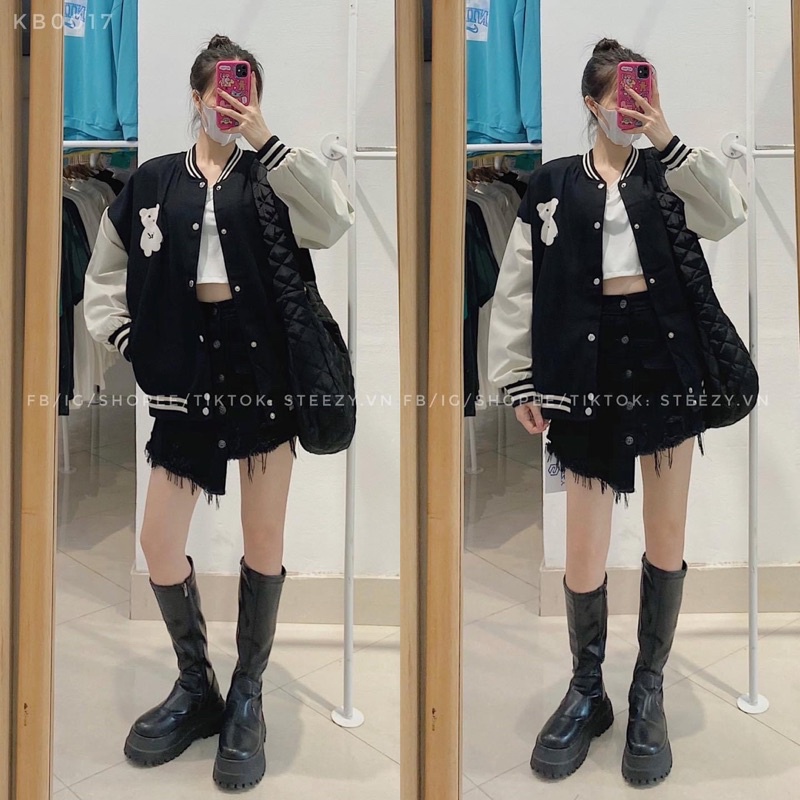Áo khoác bóng chày bomber in gấu kaki da lộn 2 lớp unisex ulzzang nam nữ
