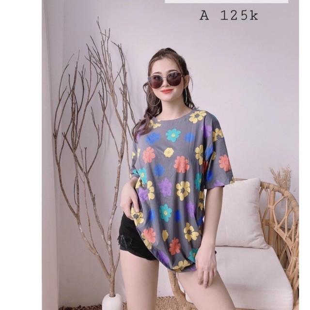 áo thun nữ form rộng &lt;65kg unisex in hoa nhí