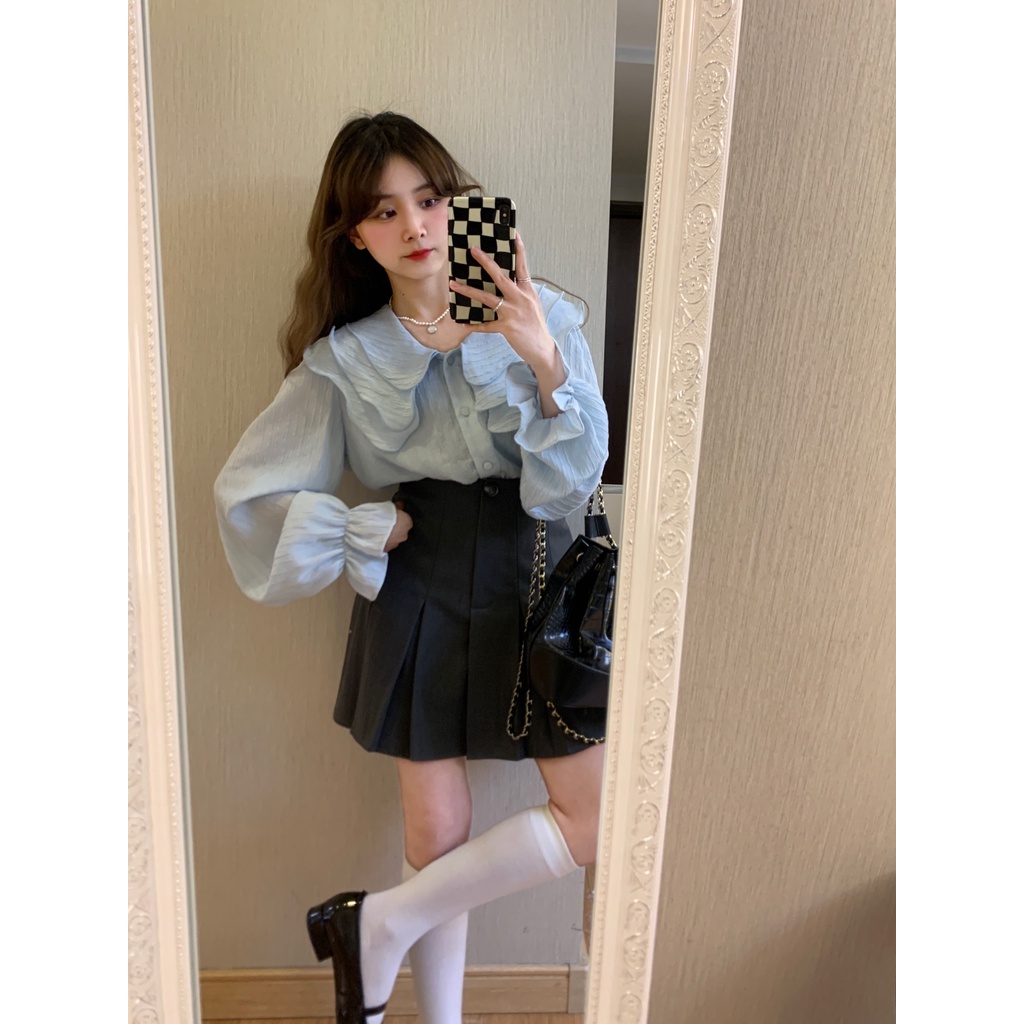 Áo sơ mi XIAOZHAINV dài tay dáng rộng màu xanh dương phong cách Pháp thời trang cho nữ