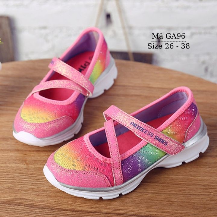 Giày trẻ em Princess shoes Giày cho bé gái 3 - 12 tuổi chống trơn siêu nhẹ có quai dán, nhũ lấp lánh 7 sắc cầu vồng GA96