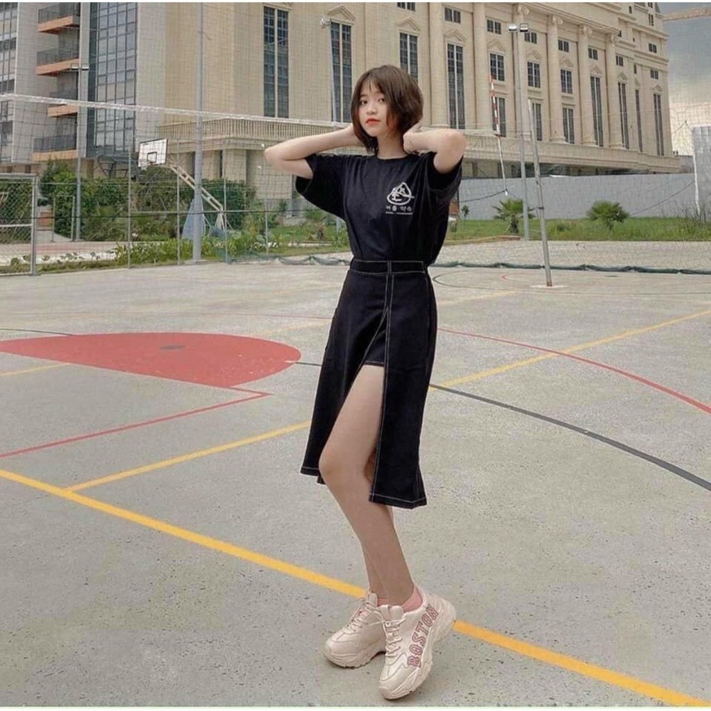 Chân váy xẻ tà trước bigsize midi chữ a ulzzang hàn quốc màu đen AnduShop | BigBuy360 - bigbuy360.vn