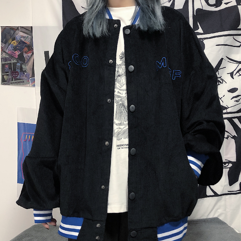 Áo khoác bóng chày vải nhung kẻ thêu chữ phong cách Harajuku cá tính cho nam và nữ | BigBuy360 - bigbuy360.vn