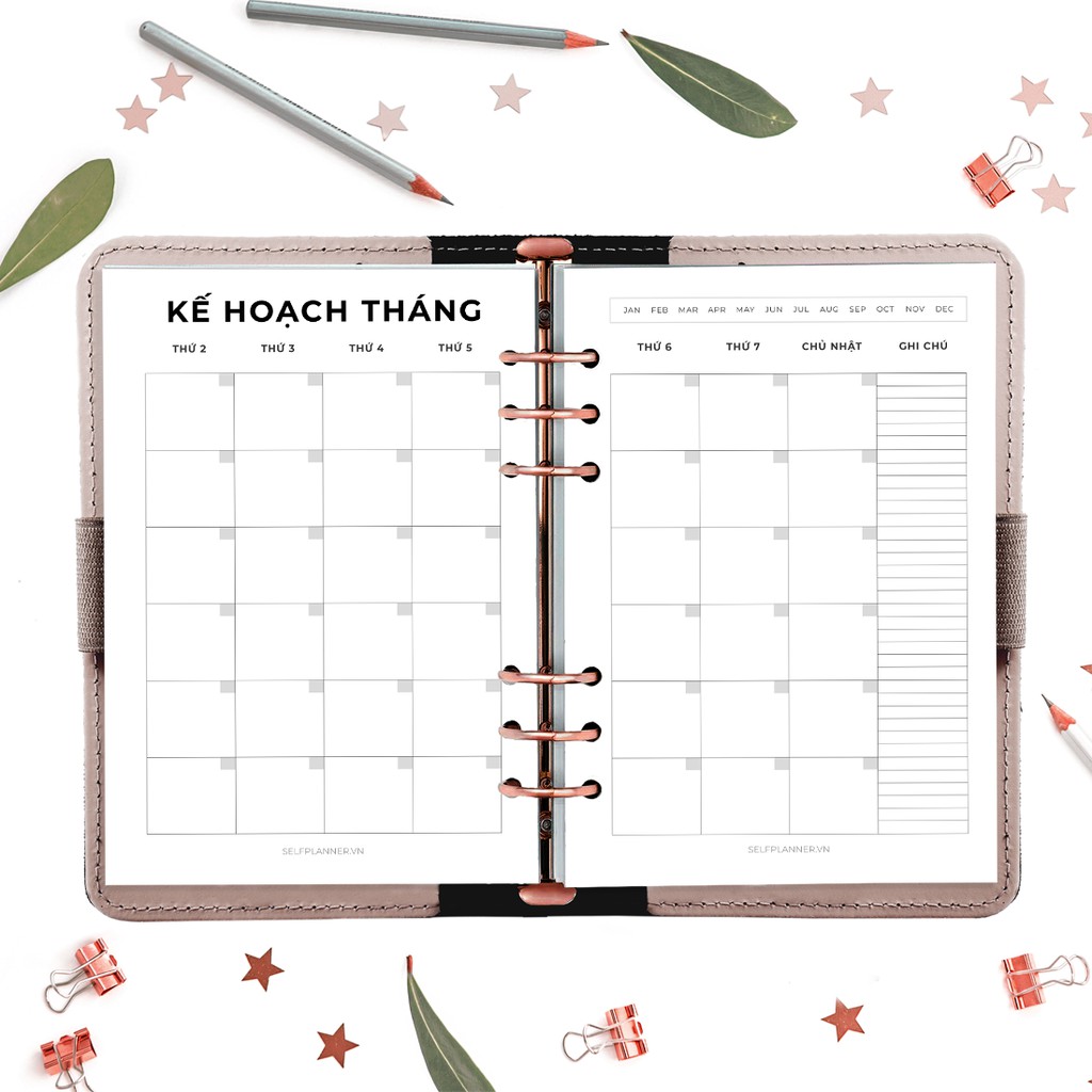 Sổ còng planner, sổ lập kế hoạch 50 tờ, định lượng 120gsm, planner in sẵn layout, bullet journal