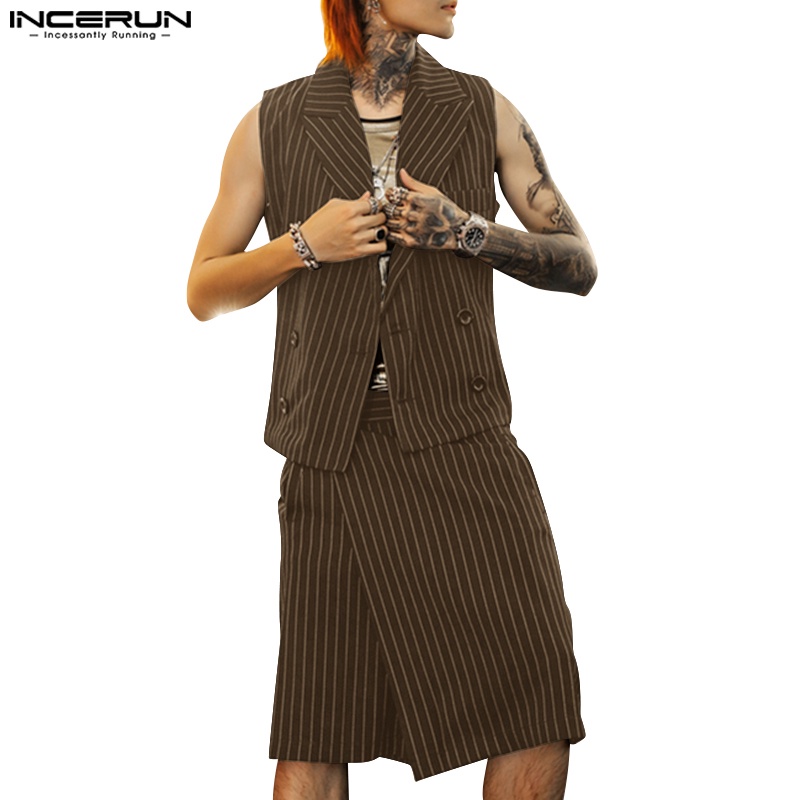 INCERUN Áo Ghi Lê Không Tay Kẻ Sọc + Quần Short Giả Váy Phong Cách Retro Cho Nam