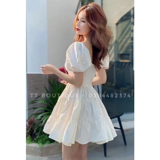 Đầm bánh bèo họa tiết ống tay phồng đáng yêu vải thoáng mát 4 màu đen trắng xanh và hồng màu nào cũng dễ thương