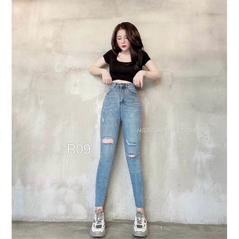 Quần jeans RÁCH 09 ôm body lưng siêu cao rách gối xanh nhạt