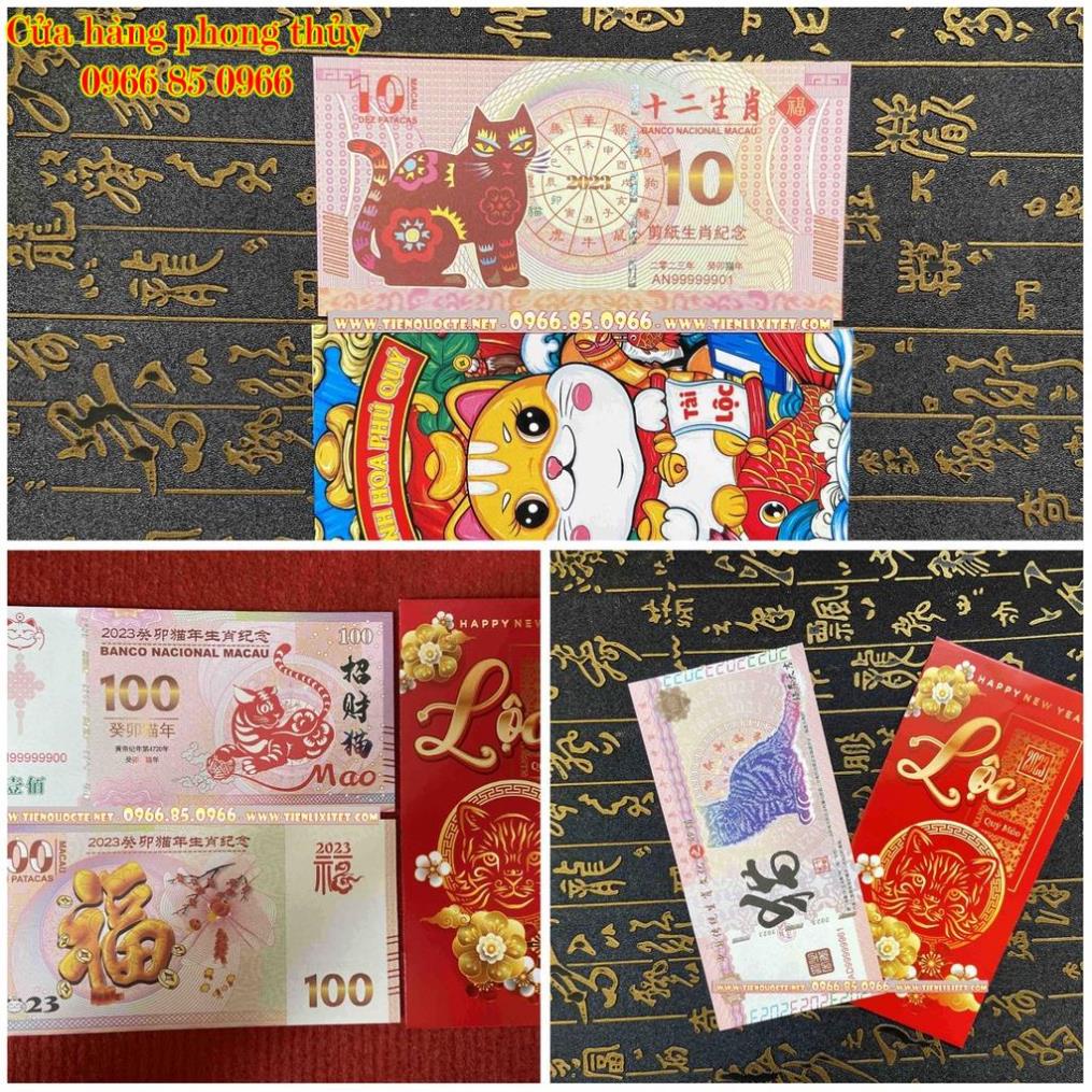 Set 3 tờ Lì xì Tiền in hình con mèo Macao 100,10 Trung Quốc năm 2023