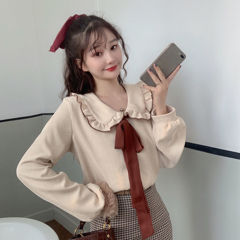 Áo Sơ Mi Dài Tay Cổ Búp Bê Phối Nơ Xinh Xắn Dành Cho Nữ