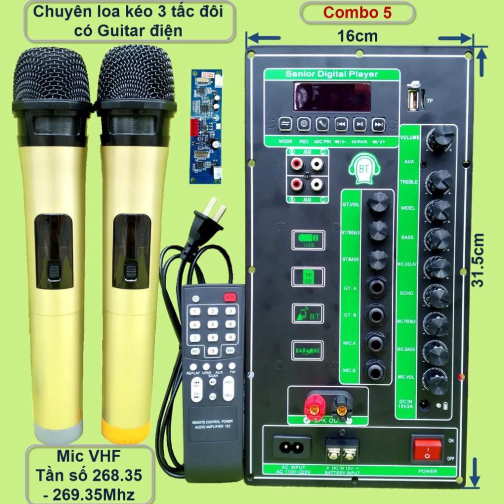 Mạch loa kéo 2 kênh 3 tấc đôi có Guitar điện 2 IC CS8676 120W + 120W có nguồn xung 220V kèm Micro UHF đôi