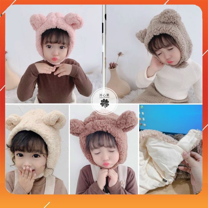 Mũ lông cừu cài cúc kín cổ có tai gấu cho bé trai và bé gái