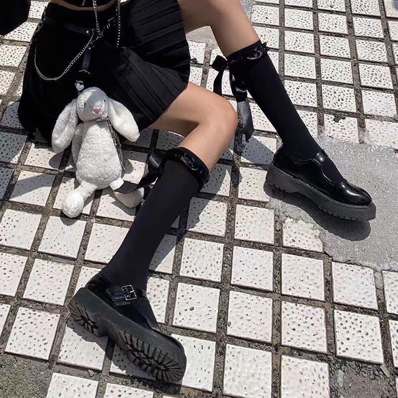 Harajuku Gothic Bow Calf Socks Female Lolita Japanese Velvet Tube Socks Breathable Kawaii Loli Sweet Thin Knee Socks Woman