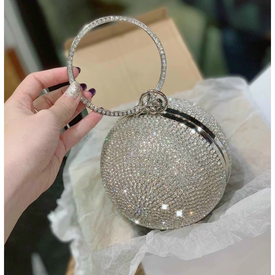 Clutch tròn đính đá size 13 dự tiệc sang chảnh (sẵn, nhắn tin shop kiểm hàng)