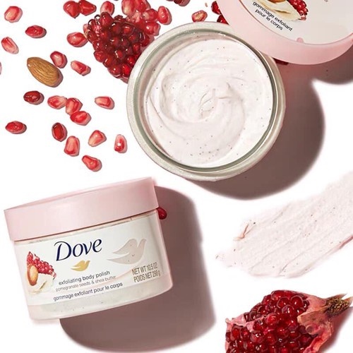 TẨY TẾ BÀO CHẾT DOVE POMEGRANATE SEEEDS &amp; SHEA BUTTER / MACADAMIA RICE MILK EXFOLIATING BODY POLISH