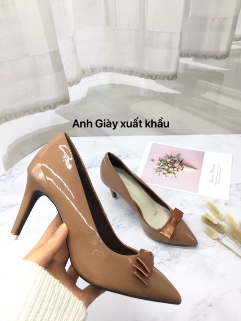 CG80-Giày da bóng gót nhọn nơ lụa lót mút 7p VNXK( ảnh thật kèm video)