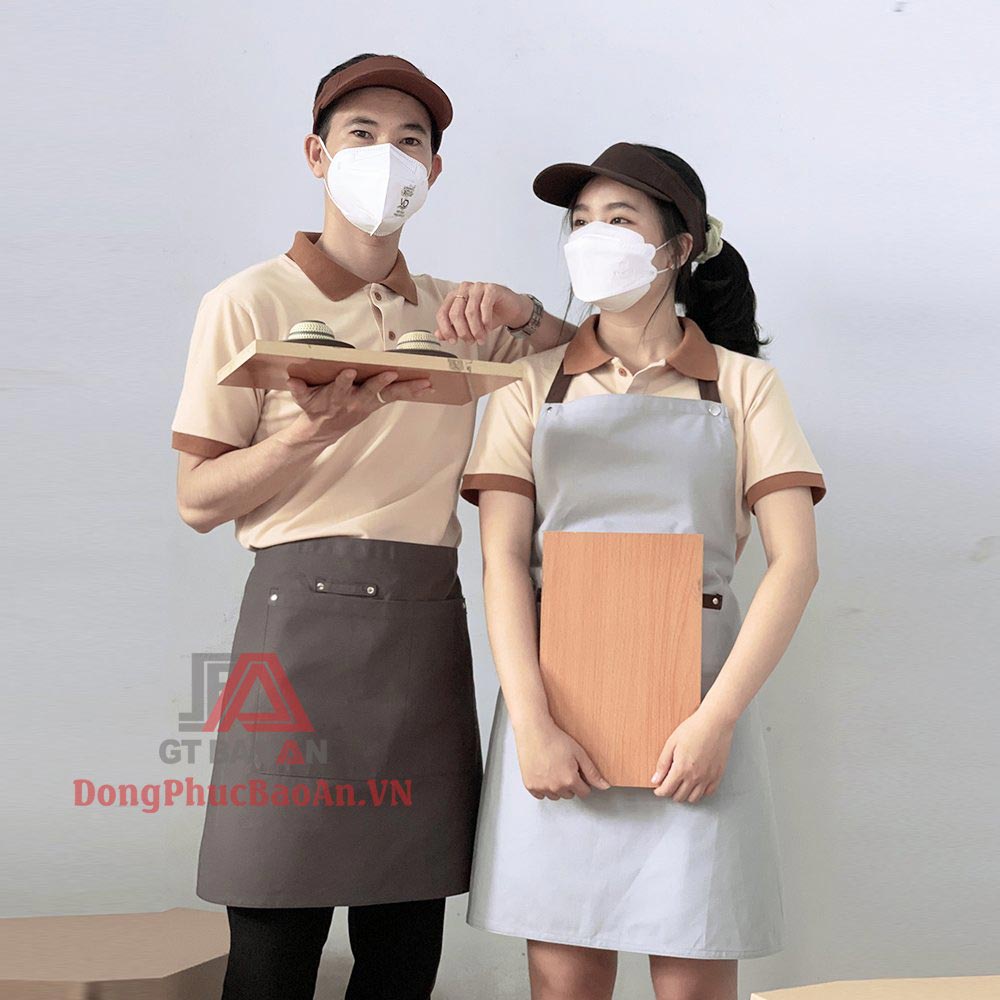 Áo thun tạp dề đồng phục quán cafe cao cấp KEM PHỐI NÂU cho nhân viên phục vụ