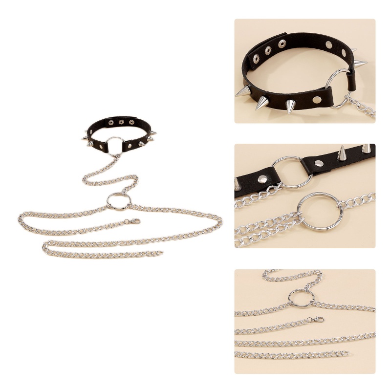 Vòng Choker Da Màu Tối Phối Đinh Tán Phong Cách Punk Gothic