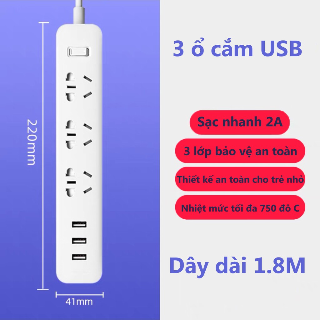 Ổ cắm điện thông minh Xiaomi Power Strip tích hợp 3 cổng sạc USB - Ổ cắm Xiaomi power trip siêu bền HB88