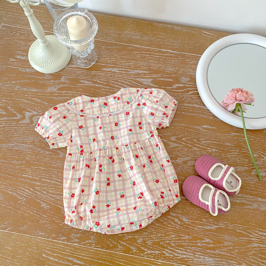 Bộ Áo Liền Quần Ngắn Tay Phối Ren In Hoa Thời Trang Mùa Hè Cho Bé Gái Sơ Sinh