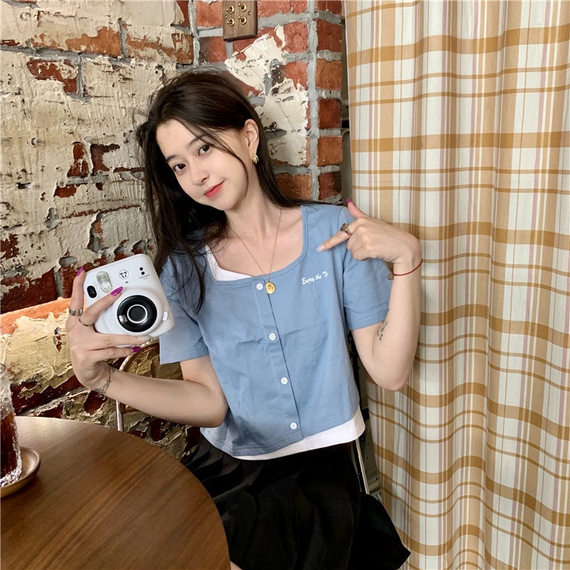 Áo Thun Tay Ngắn Giả Hai Lớp Phong Cách Hàn Quốc 185275 Áo Thun Ngắn Tay Thời Trang Mùa Hè