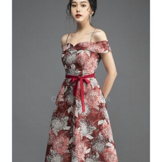 Đầm creme trễ vai thắt nơ eo - gl2312
