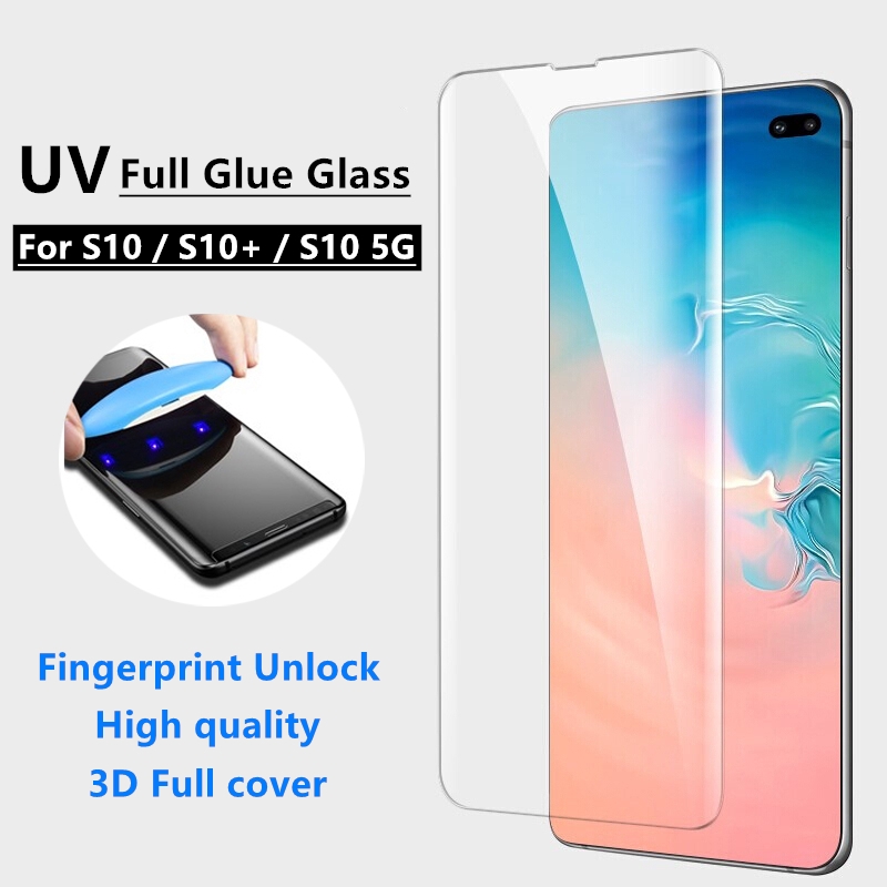 Dành Cho Samsung S10 S10Plus S10 5G Kính Cường Lực UV Full Keo Hỗ Trợ Mở Khóa Vân Tay.UV Keo Dán Toà