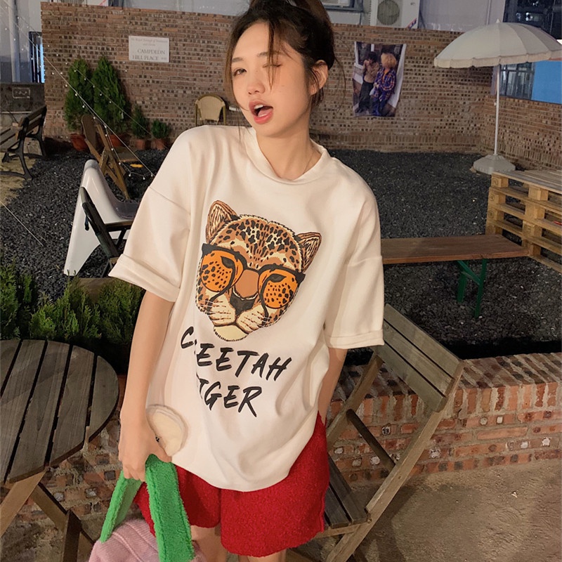 Áo Thun Tay Ngắn Dáng Rộng In Hoạt Hình Đầu Hổ Dễ Thương Cho Nữ