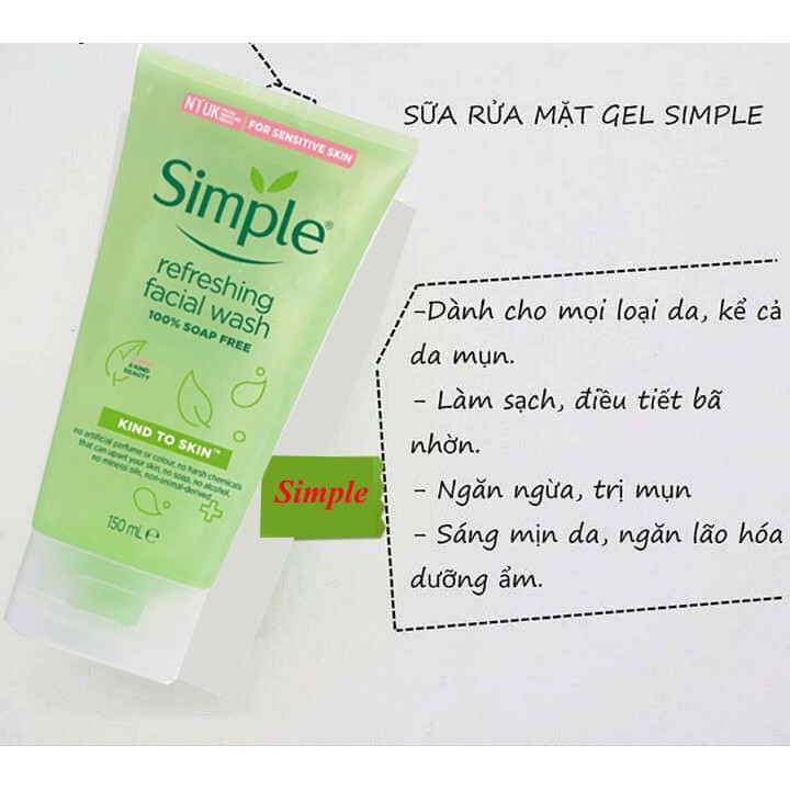 [Chính Hãng] Sữa Rửa Mặt Simple Gel Kind To Skin Refreshing Facial Wash Gel 150ml