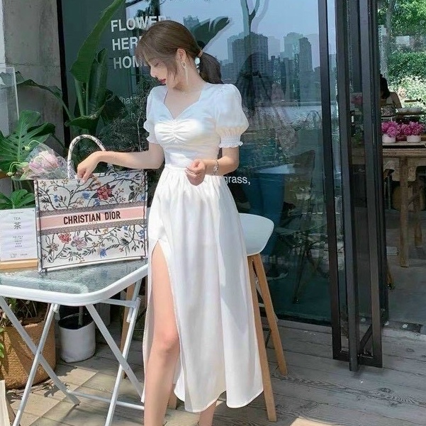 Váy đầm nữ dự tiệc xẻ tà tay phồng ( vải đũi nhăn không bóng ) phù hợp đi chơi dự tiệc hoặc dạo phố