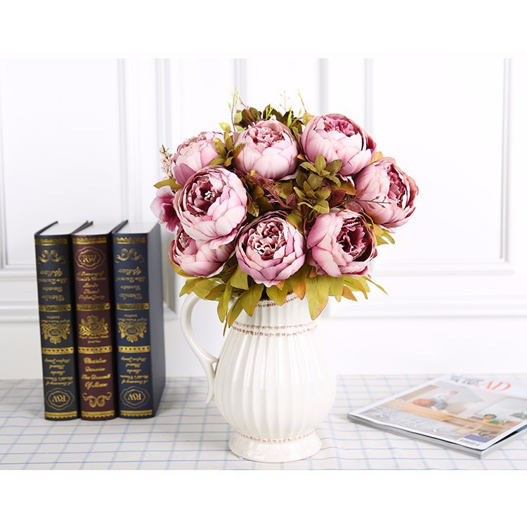 Hoa lụa, cành 8 bông mẫu đơn Peony châu Âu cao cấp 8cm