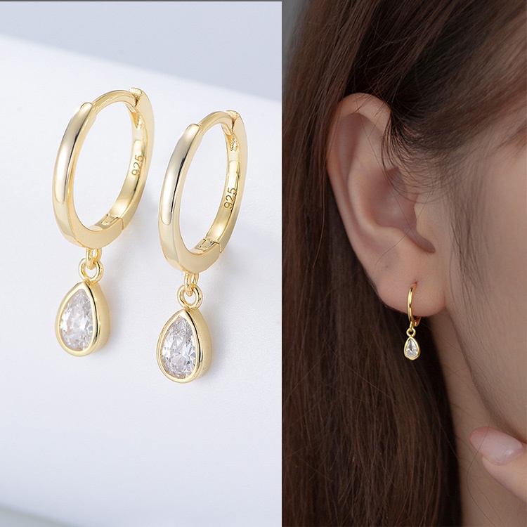 Bông Tai Mạ Bạc 925 Hình Giọt Nước Đính Đá Zircon Phong Cách Hàn Quốc Ngọt Ngào Cho Nữ