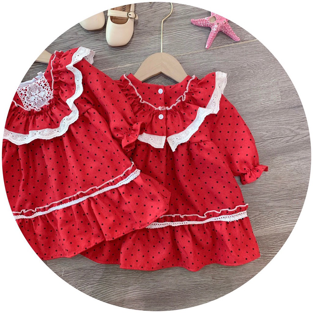 Váy Đỏ Họa Tiết Chấm Bi Phối Ren Trắng Điệu Đà Cho Bé Gái V178 - Unchi Store
