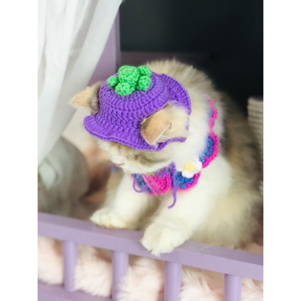 Nón/mũ móc len cho chó mèo cosplay cà tím