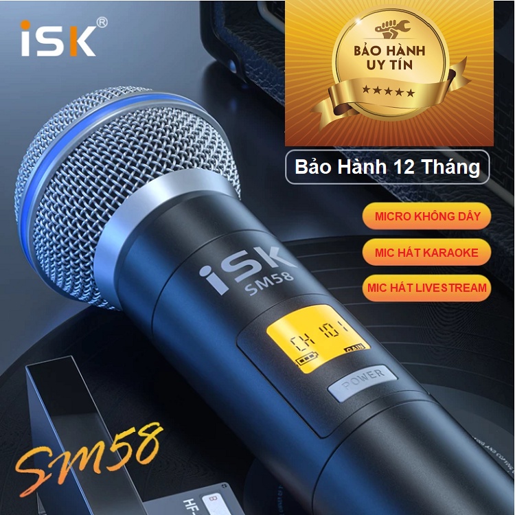 Bộ 2 Micro SM58 Chính Hãng ISK, Kết Nối SoundCard Hát Livestream, Bộ 1 Mic Thu Âm UHF - Dùng Cho Loa Kéo - Amply - Mixer