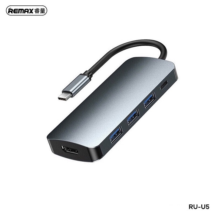 HUB Chuyển đổi 5 trong 1 Remax RU-U5 1 cổng Type c ra 01 Cổng HDMI 03 Cổng USB 3.0 và 01 Cổng Type C tích hợp PD