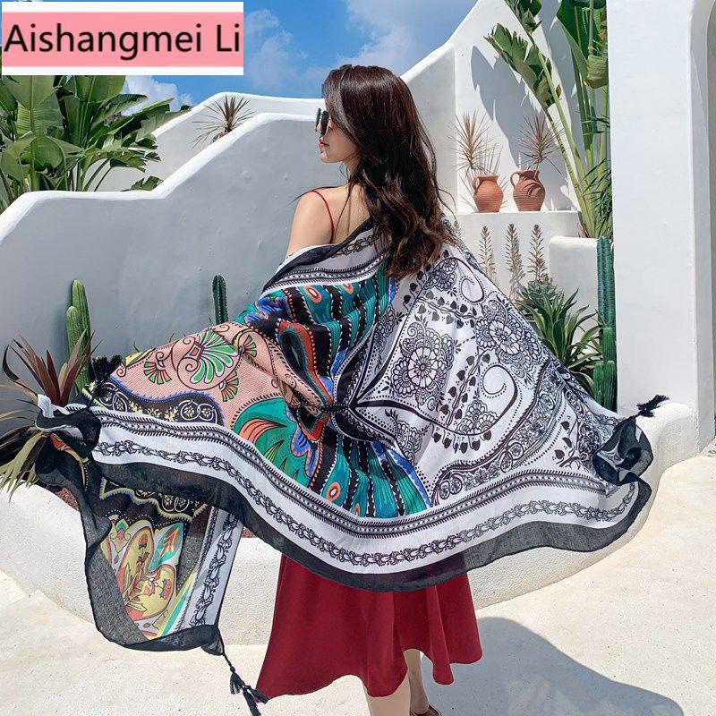 [Trang Sức Đẹp] Khăn Choàng Lụa Chống Nắng Hai Mặt In Họa Tiết Dân Tộc Tươi Mới Thời Trang Đi Biển Mùa Xuân Hè