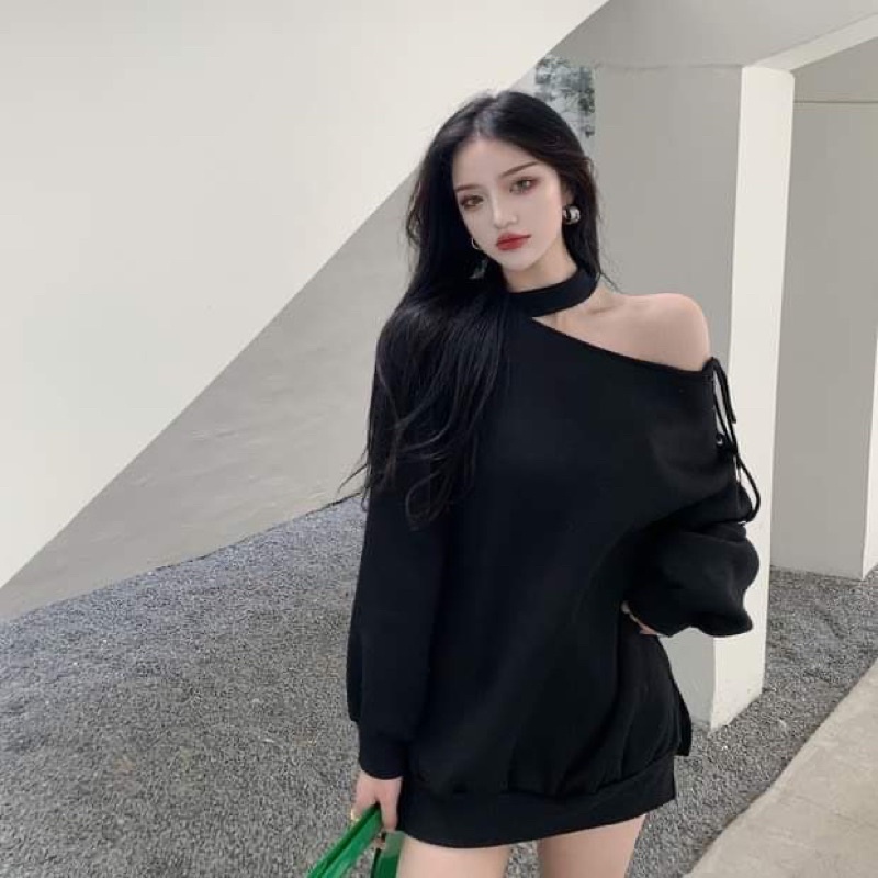 Mua ( sẵn 1) áo nỉ trễ vai lệch vai choker đan dây tay form dáng rộng ...