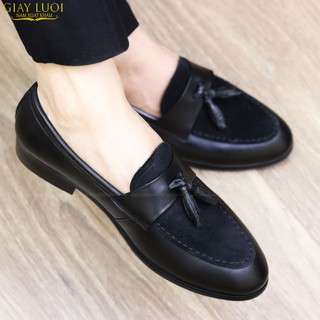 Giày Da Nam,giày lười nam,giày nam đẹp chuông đen mặt da lộn mã G014
