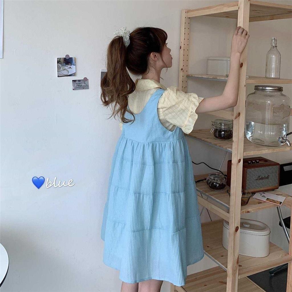 Set Áo Sơ Mi Cổ Búp Bê Và Đầm Yếm Hai Dây Thời Trang Nữ Tính