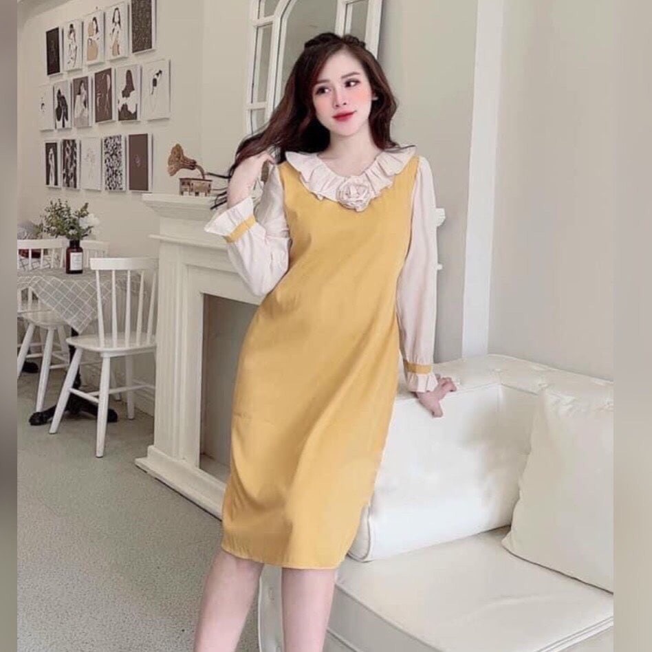 Váy Bầu Thu Đông Dài Tay chất NHUNG TĂM dày dặn, ĐẸP RẺ Cổ đính Hoa nhẹ nhàng, lịch sự phù hợp Công sở, dự tiệc