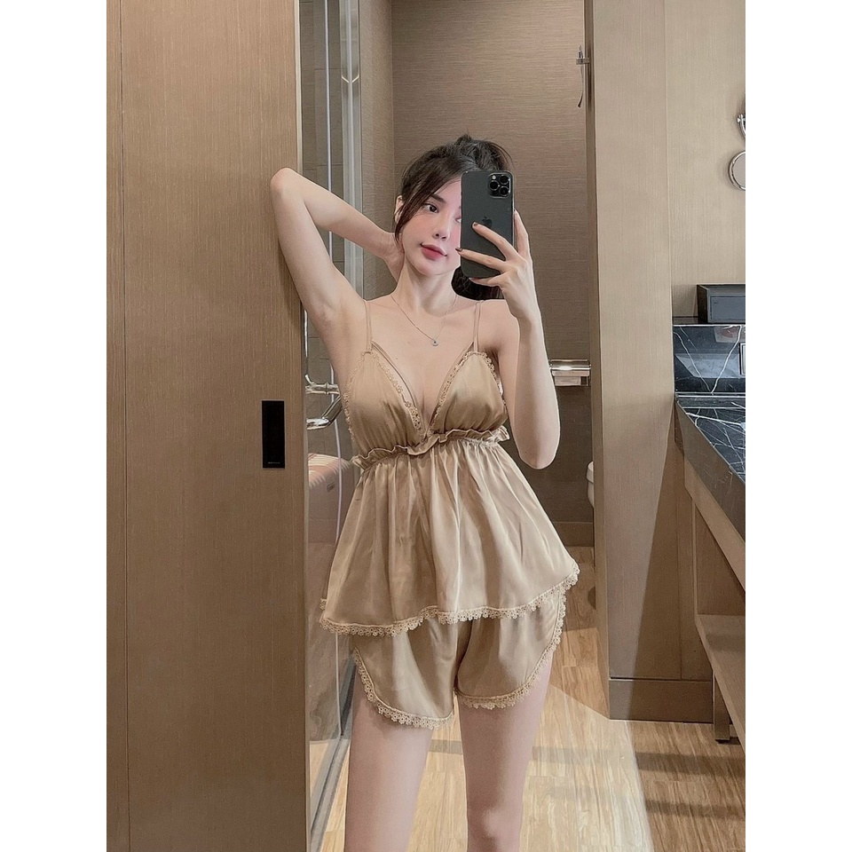 Set Ngủ Đùi Dây Sexy Kèm Mút Ngực Lụa Latin Siêu Hot Freesize